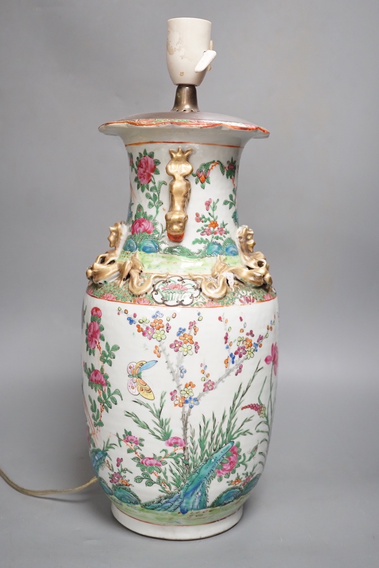 A 19th century Chinese famille rose porcelain vase mounted as a table lamp 35cm